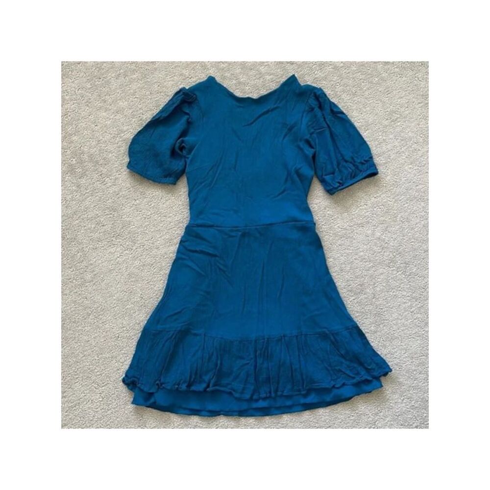 B DARLIN Womens Fit + Flare Short Dress Teal Pouf Sleeve Tie Back Juniors 7\8